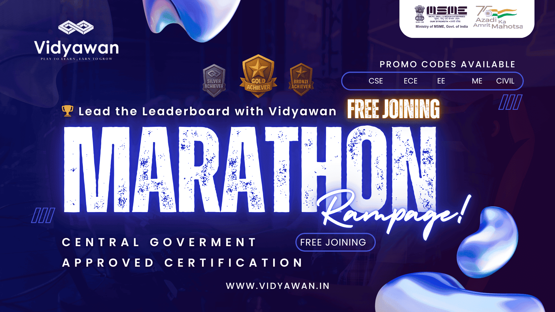 🎓 Join the Learning Marathon with Vidyawan! 🏆 Climb the leaderboard, earn Central Govt. approved certifications, and unlock Gold, Silver, or Bronze Achiever badges!