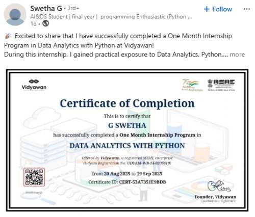 Swetha G – Vidyawan student review